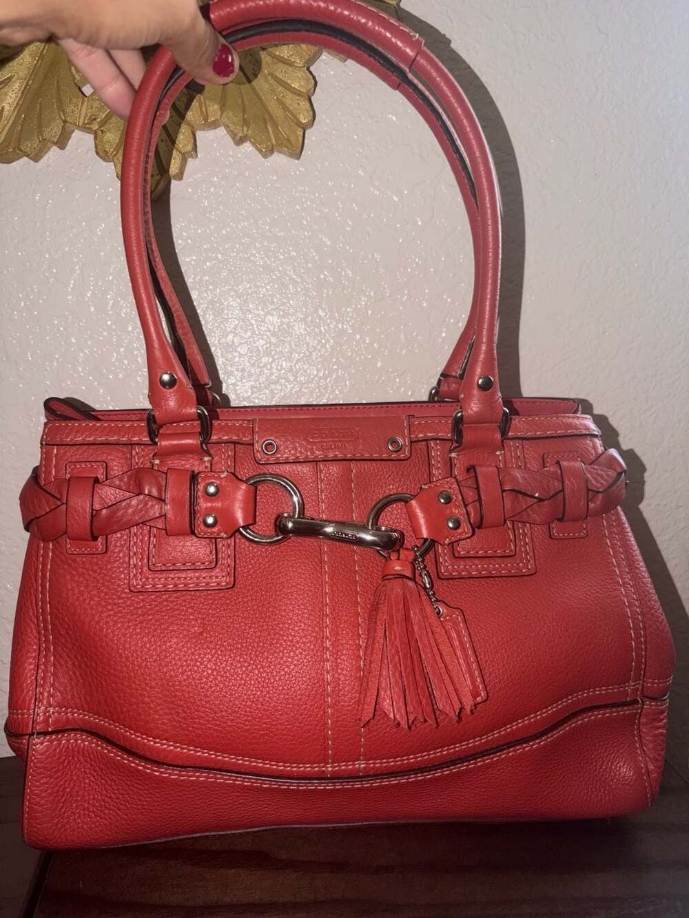 Coach Hamptons Braided Detail Pebbled Leather Satchel